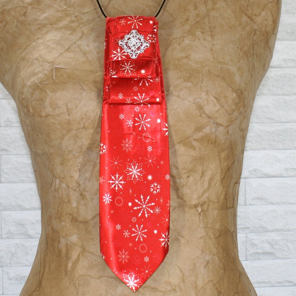 UPCYCLED Neck Tie Necklace Brooch Christmas Snowflake Holiday Accessory Red